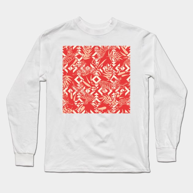 Tigers and Leaves with Tribal Shapes in Red Long Sleeve T-Shirt by matise